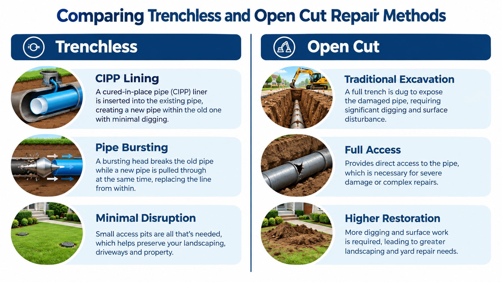 A comparison infographic showing the differences between trenchless and open cut sewer line repair methods.