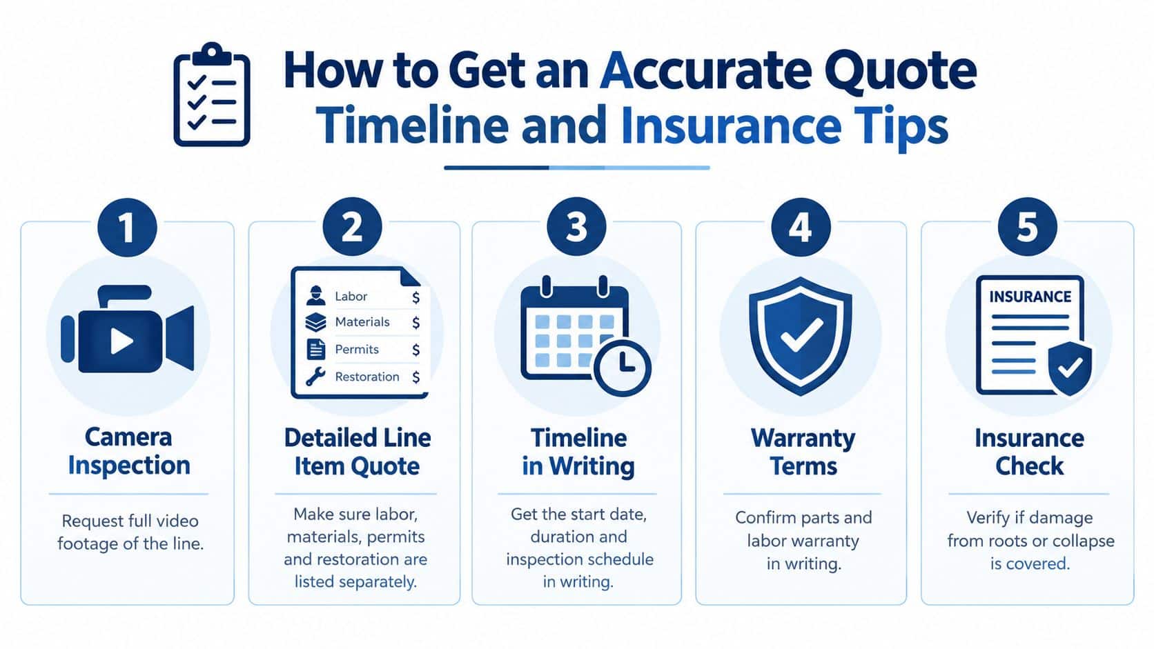 A five-step infographic guide on how to get an accurate sewer line repair quote and insurance coverage.