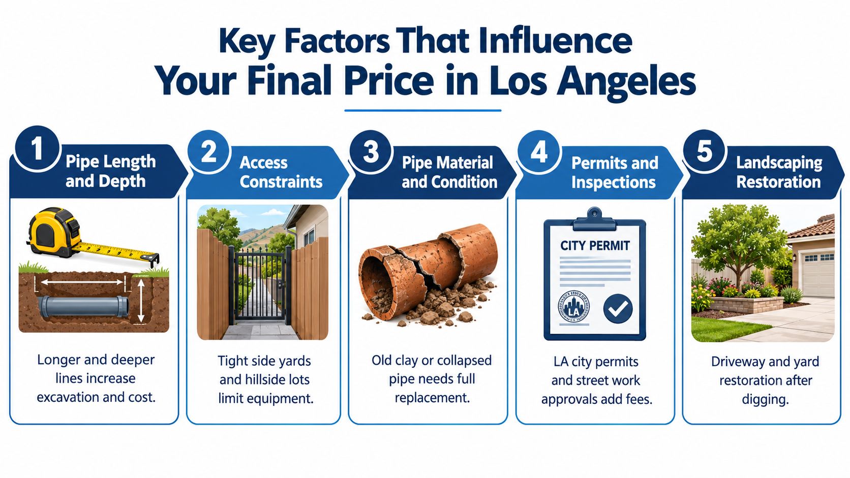 An infographic showing five key factors that influence sewer line repair costs in Los Angeles, California.