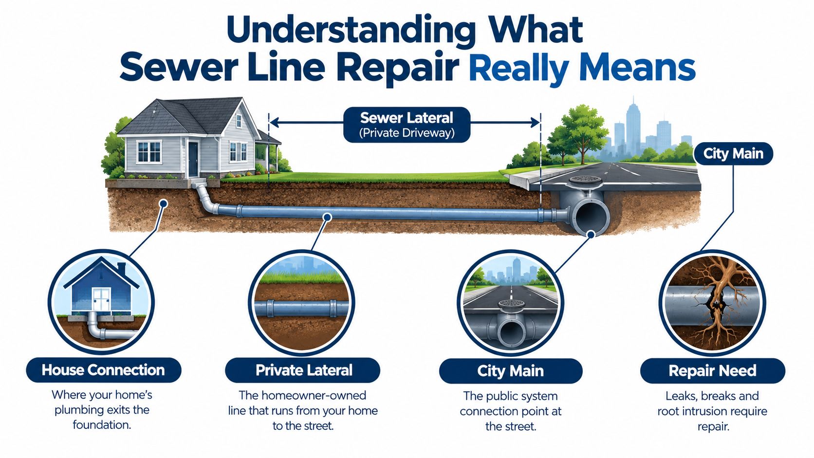 A diagram illustrating the sewer lateral system connecting a private home to the public city main pipe.
