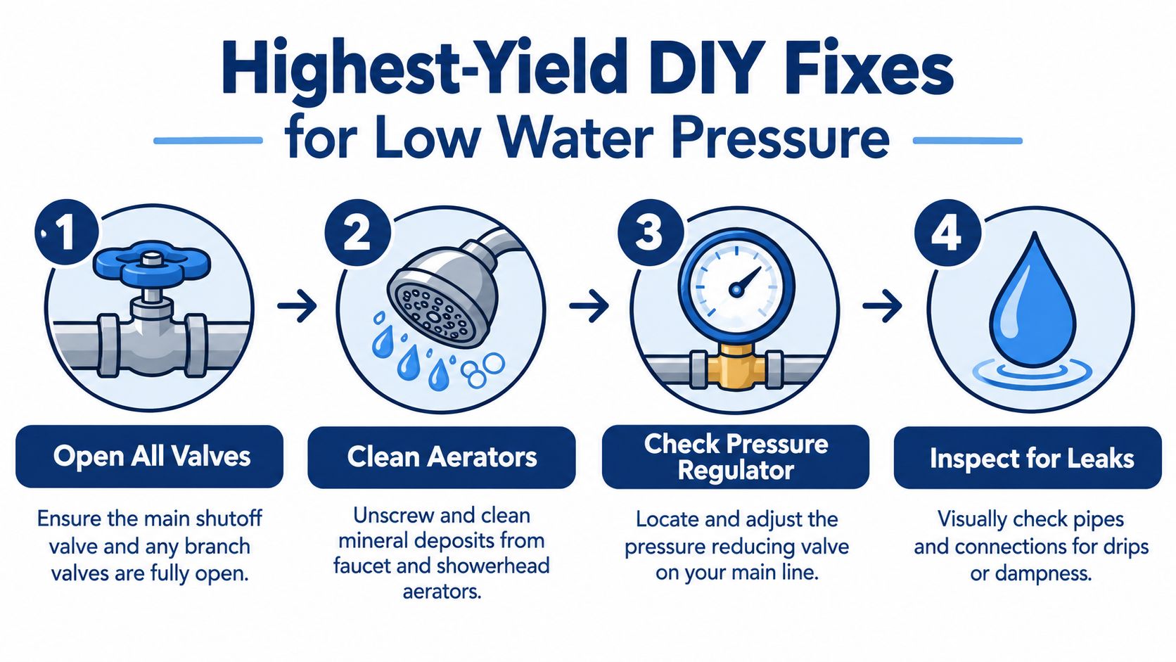 An infographic illustrating four simple DIY steps to troubleshoot and improve low water pressure in a home.