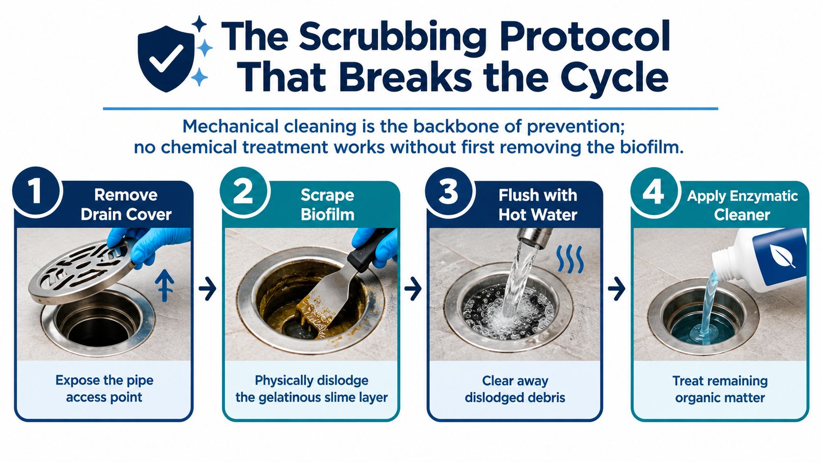 A four-step infographic illustrating how to properly clean a drain to prevent biofilm and drain flies.