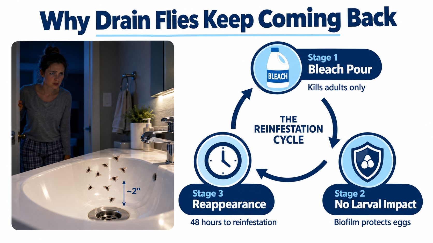 An infographic showing the three-stage reinfestation cycle of drain flies, explaining why bleach fails to eliminate them.