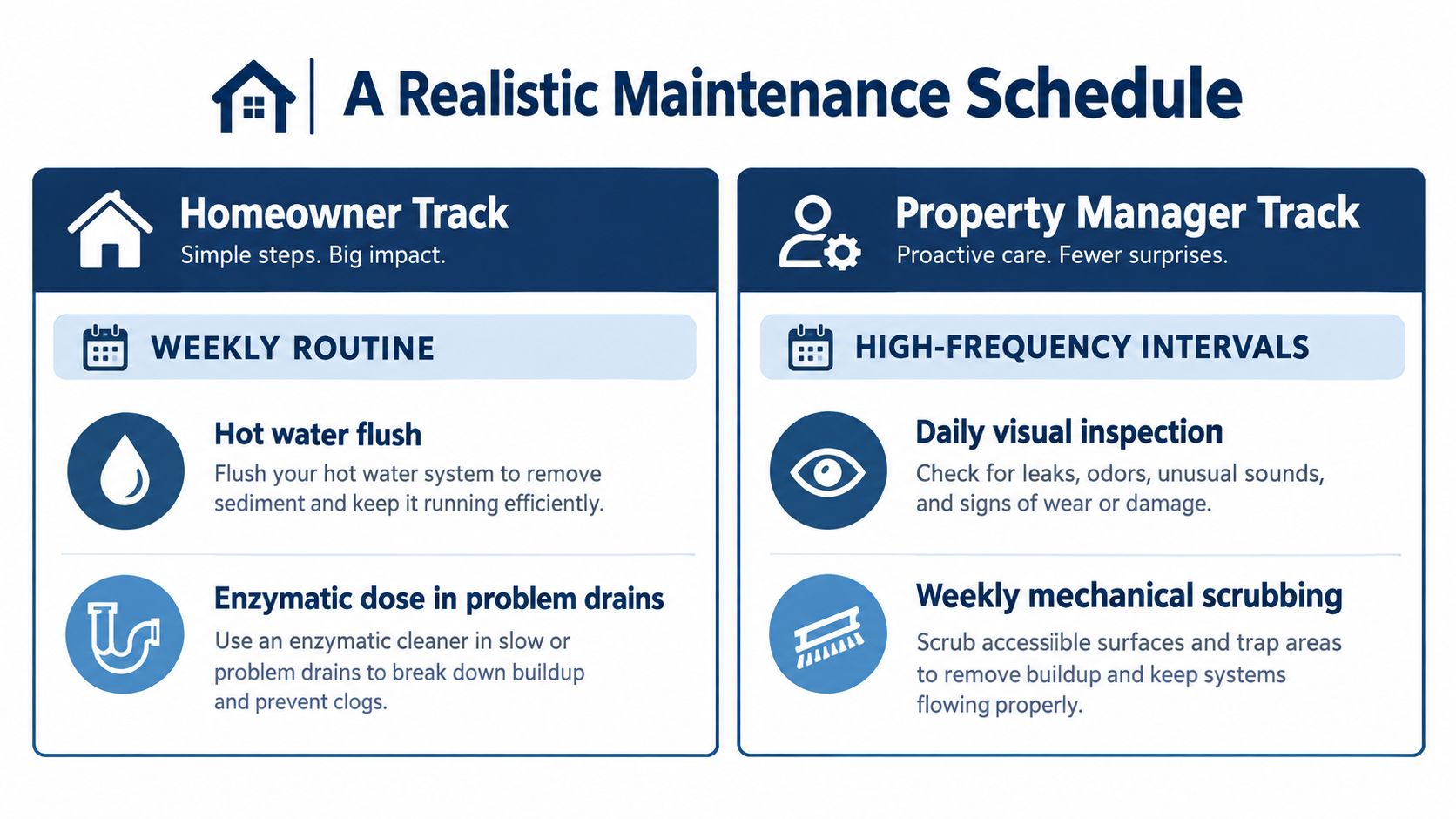 A maintenance schedule infographic detailing weekly routines for homeowners and high-frequency intervals for property managers.