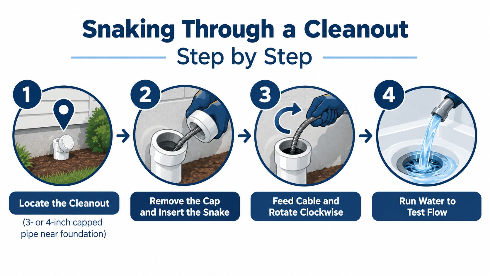 A four-step infographic showing how to snake a main drain through an exterior sewer cleanout pipe.