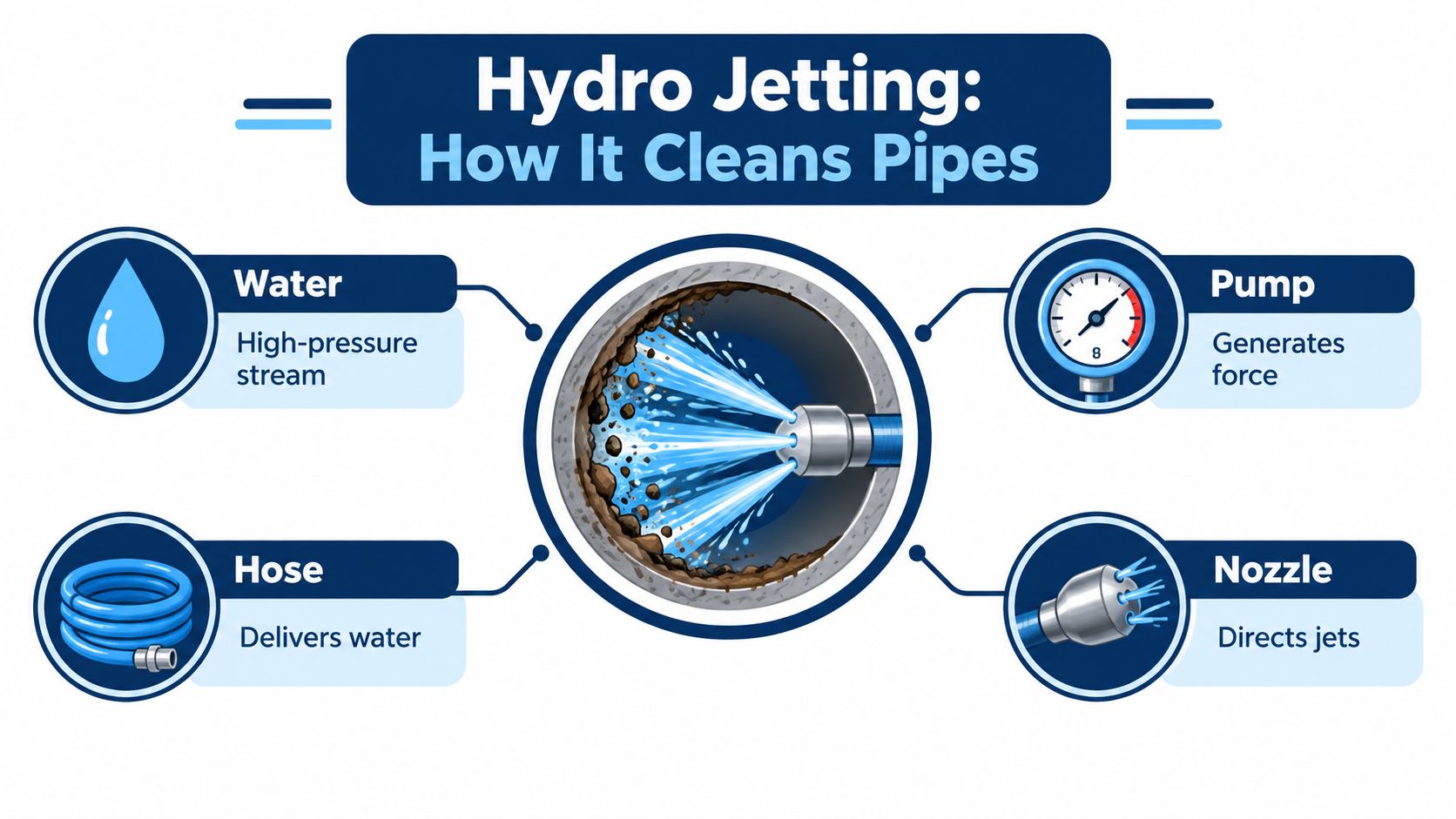 An infographic showing the components of hydro jetting, including water, a pump, a hose, and a nozzle.