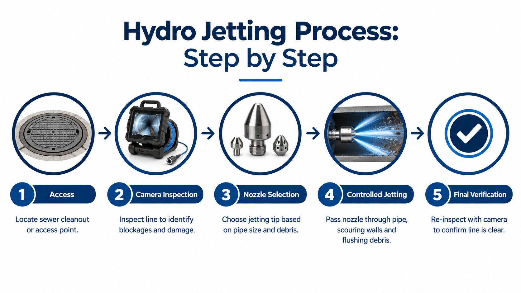 A step-by-step infographic illustrating the professional hydro jetting process for sewer line cleaning and maintenance.