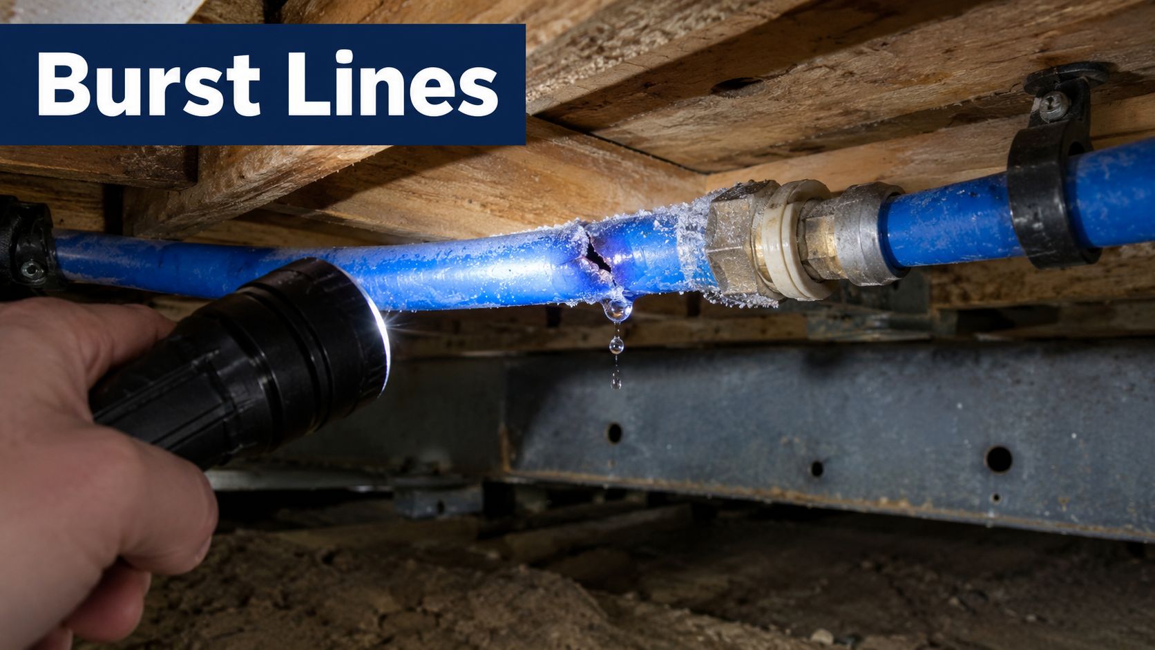 A close-up view of a burst blue plastic plumbing pipe leaking water underneath a mobile home floor.
