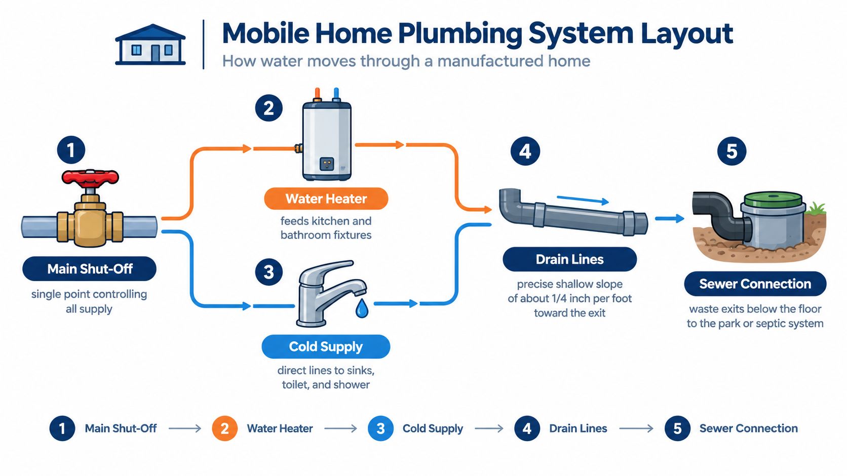 A diagram illustrating the mobile home plumbing system, showing water flow from supply to sewer connection.
