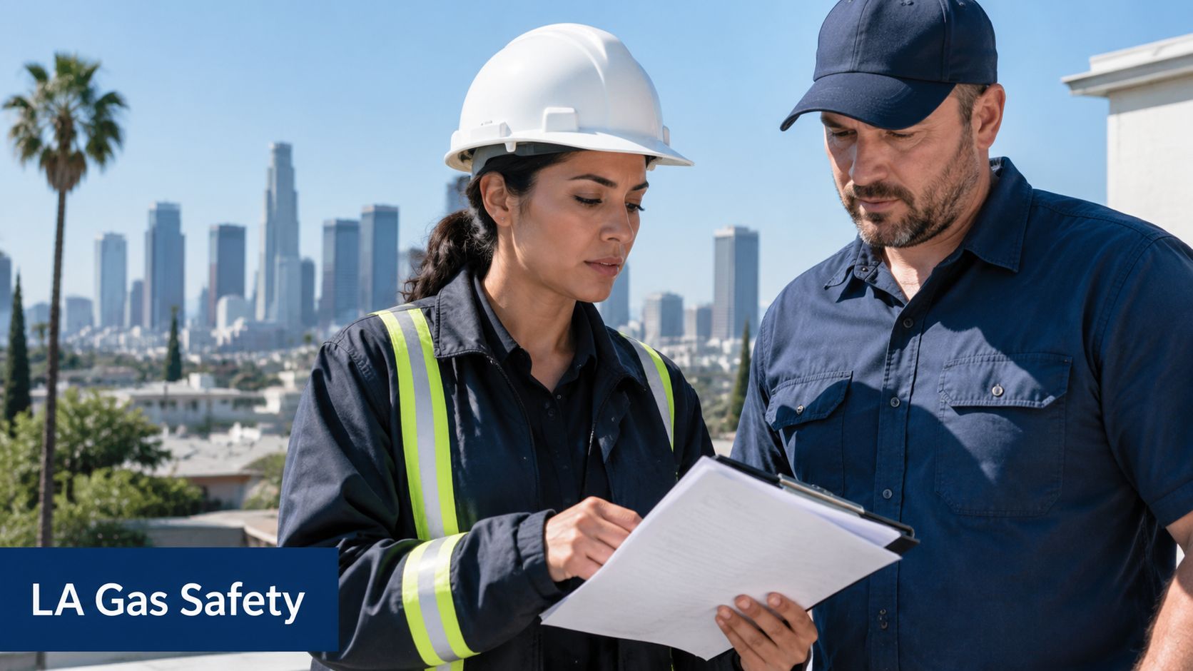 A female gas safety inspector and a male technician reviewing documents in front of a city skyline.