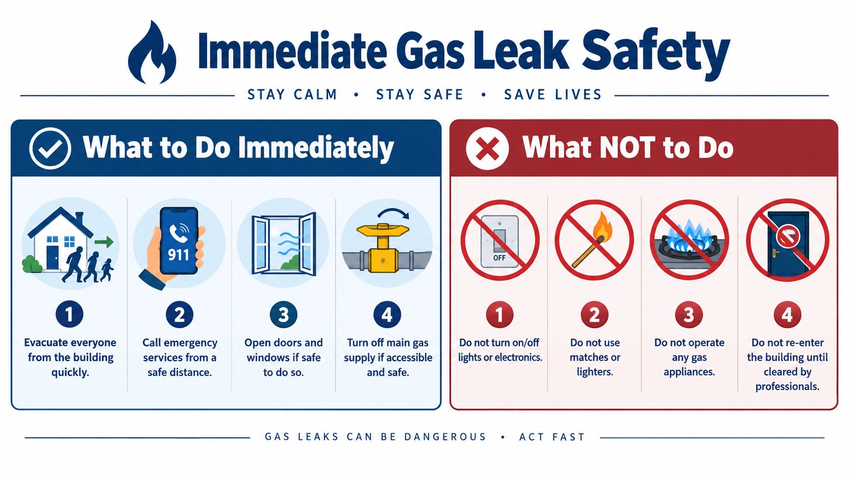 A safety infographic illustrating steps to take and avoid during a natural gas leak emergency.