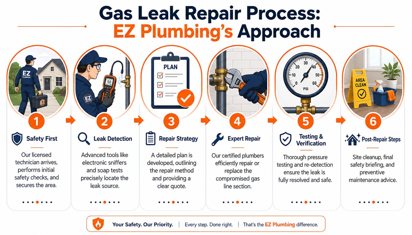A six-step infographic illustrating the professional gas leak repair process provided by EZ Plumbing technicians.