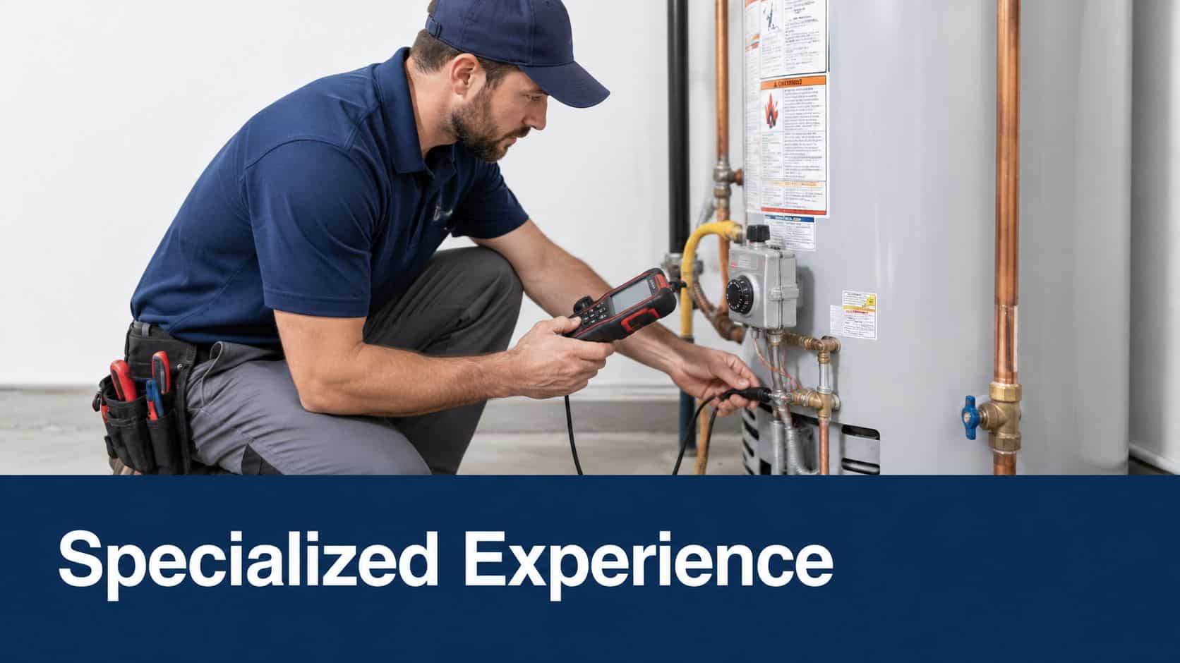A professional plumber wearing a uniform inspecting a hot water heater with a digital diagnostic tool.