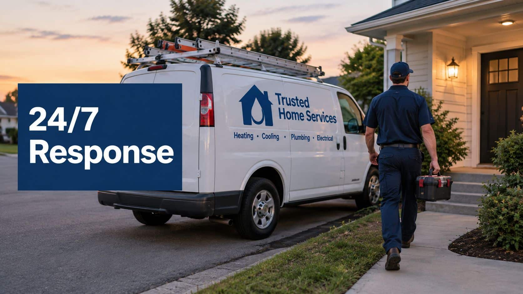 A service technician carrying a toolbox toward a house with a professional work van parked nearby.