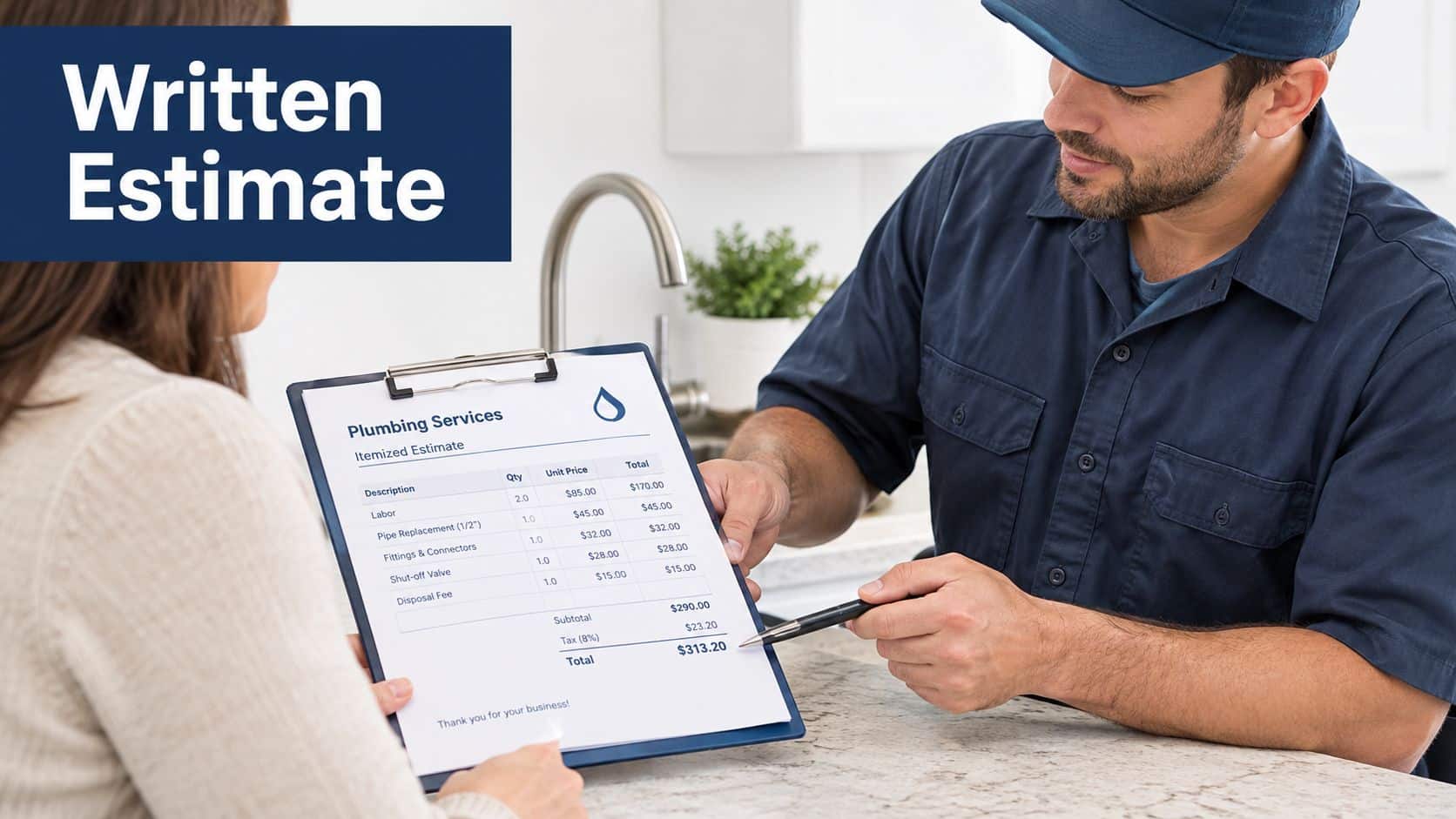 A professional plumber in uniform reviews a detailed written service estimate with a customer in a kitchen.