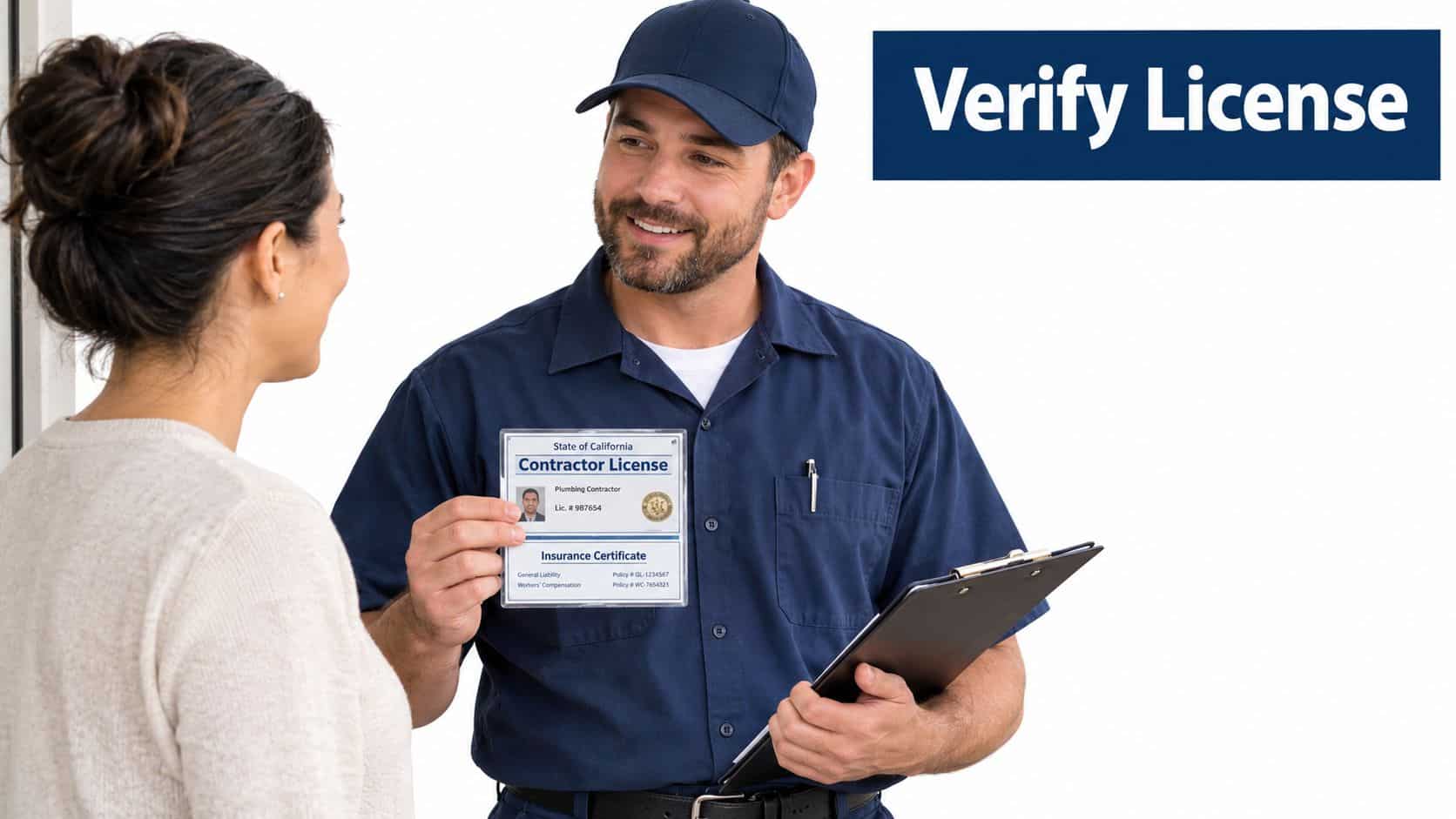 A friendly plumbing contractor showing his California license and insurance documents to a female homeowner customer.