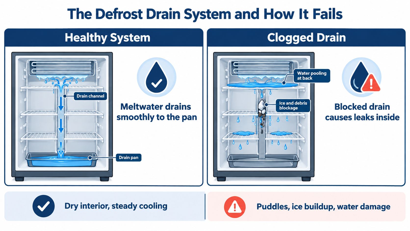 A diagram comparing a functioning refrigerator drain system with one that is clogged and leaking.