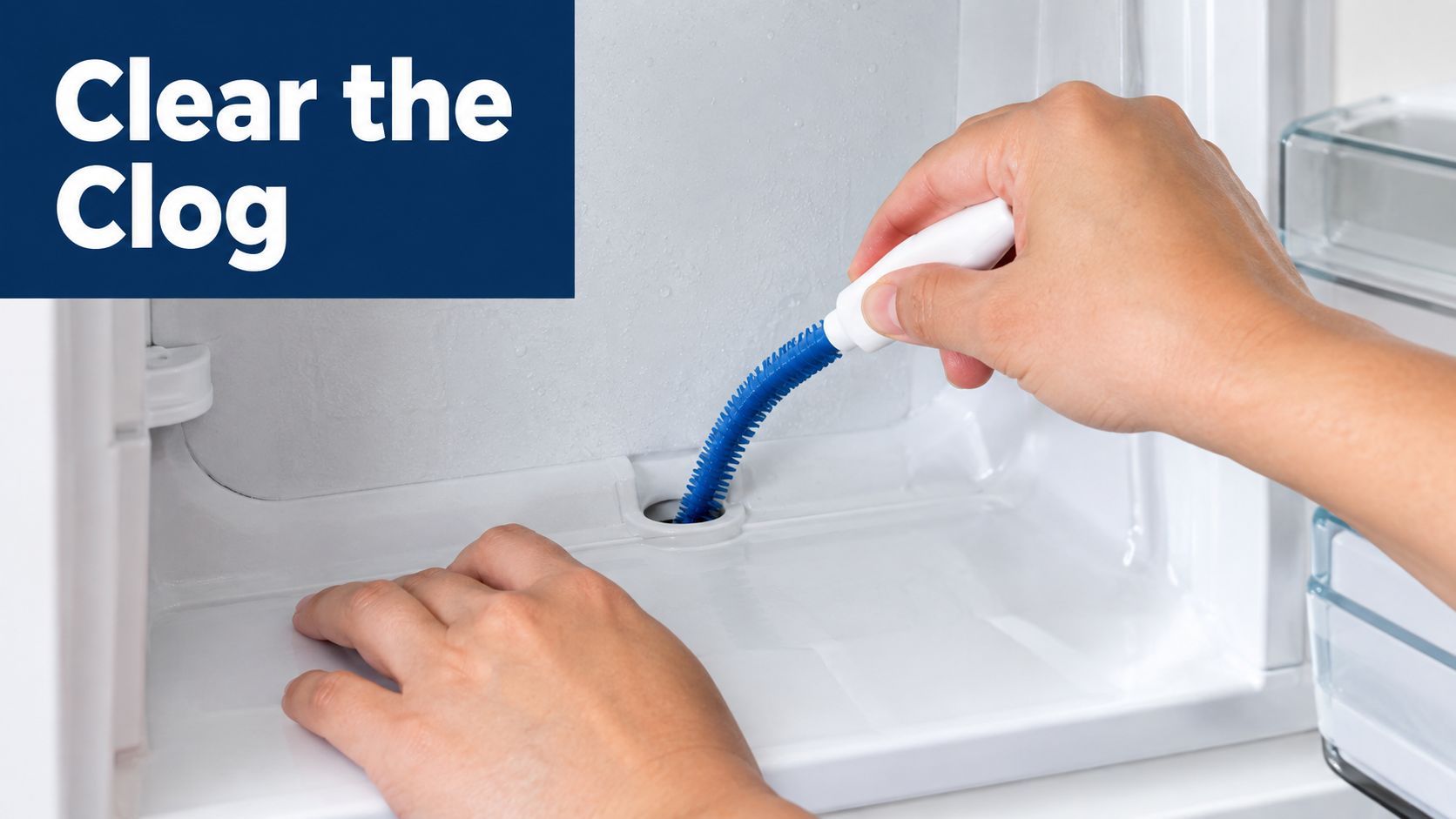 A person using a blue cleaning brush to clear a clog in a refrigerator drain hole.