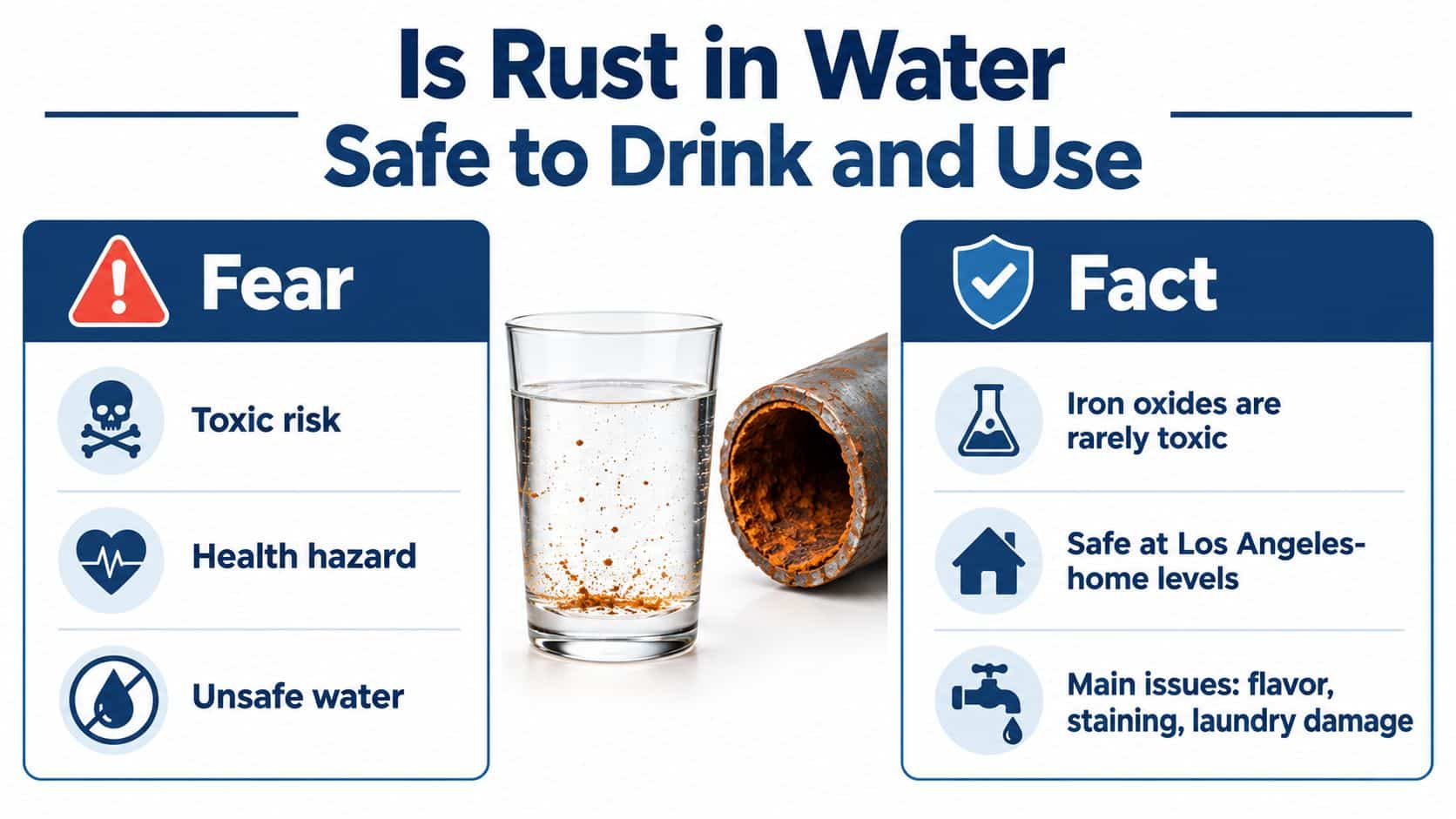 A comparison infographic titled Is Rust in Water Safe to Drink and Use, showing fears versus facts.