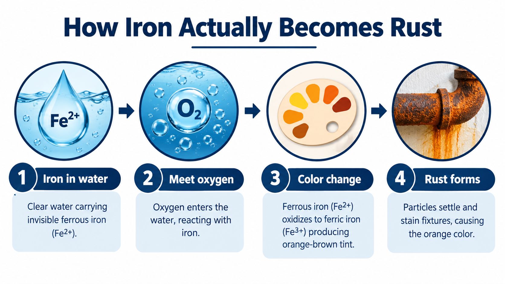 A diagram illustrating the four-step scientific process of how iron in water oxidizes to form orange rust.