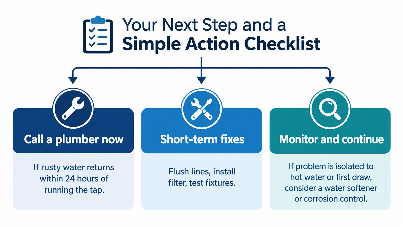 A checklist infographic outlining steps to take when dealing with rusty water in a home plumbing system.