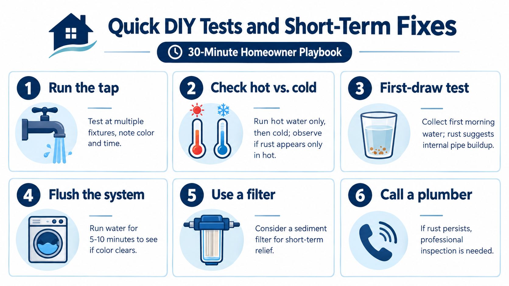 An infographic titled Quick DIY Tests and Short-Term Fixes for identifying and addressing rust in home water.