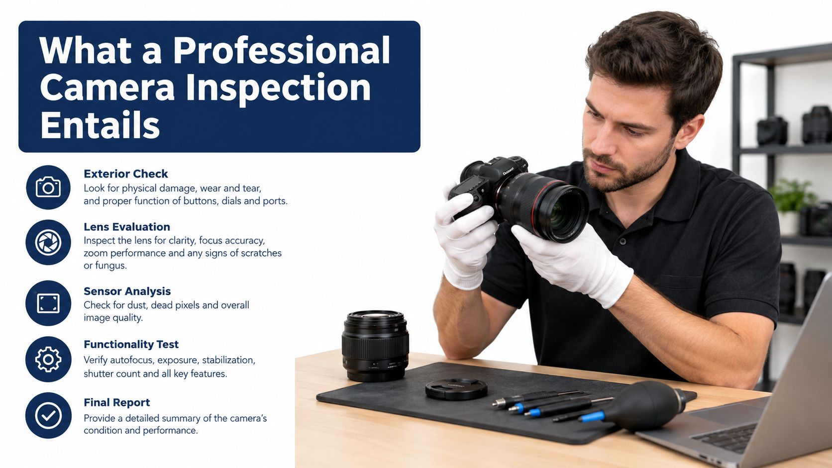 A professional technician wearing white gloves carefully inspects a digital camera at a clean, well-lit workbench.