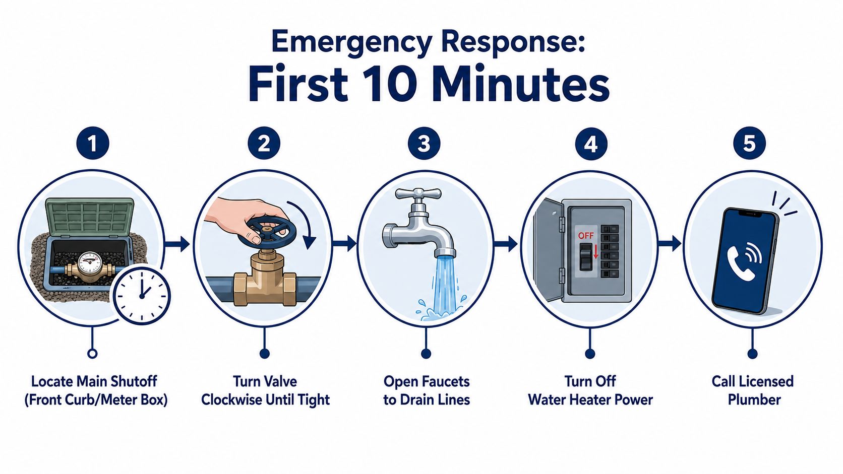 A step-by-step infographic showing emergency actions to take during a water leak or pipe burst.