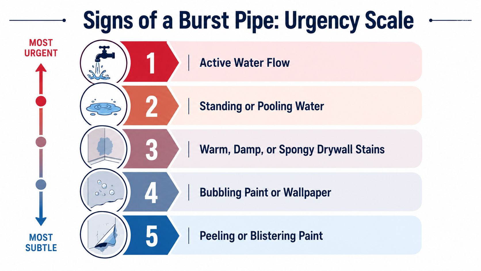 An urgency scale infographic detailing five signs of a burst pipe, from active leaks to paint issues.