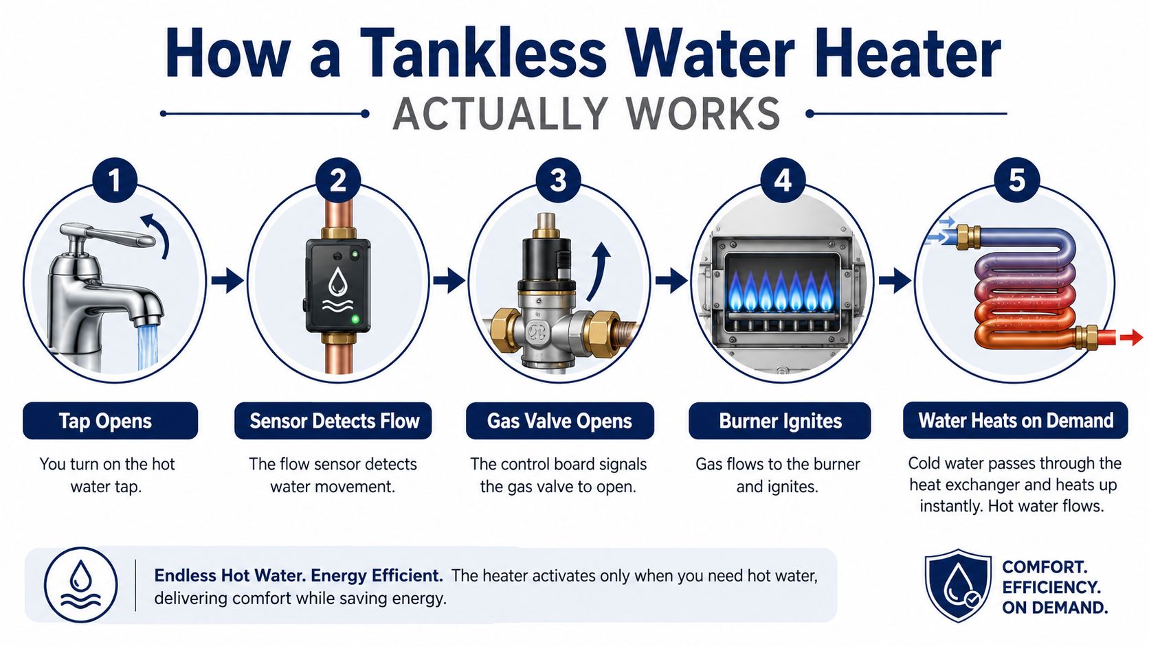 A diagram illustrating the five-step process of how a tankless water heater generates hot water on demand.