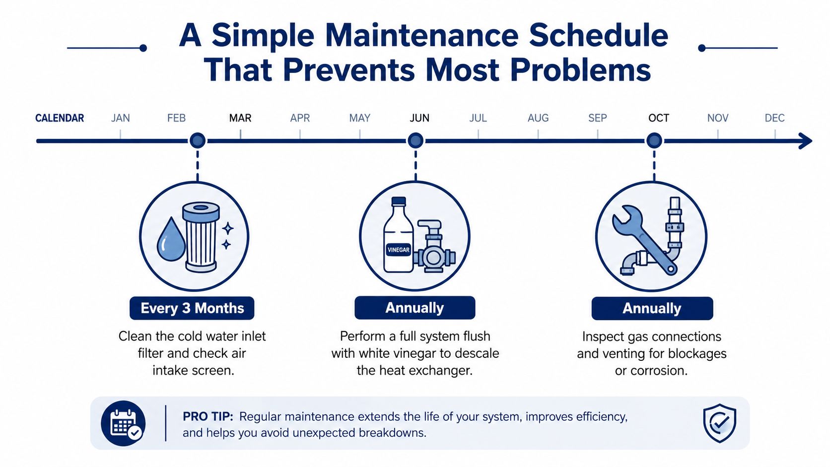 An annual and quarterly maintenance schedule infographic for home water heating systems to prevent common technical problems.
