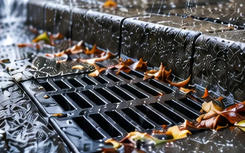 Leaf-covered storm drain grate in rain