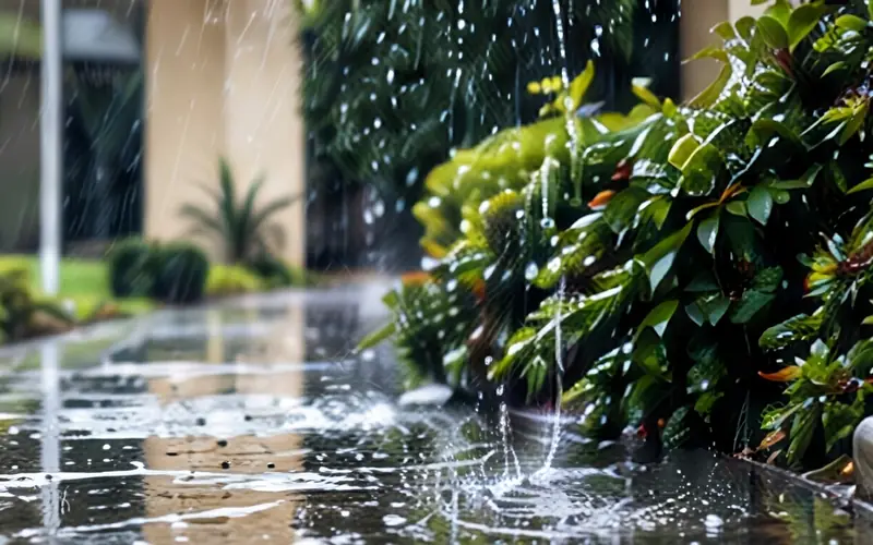 Rain falling on a landscaped property walkway