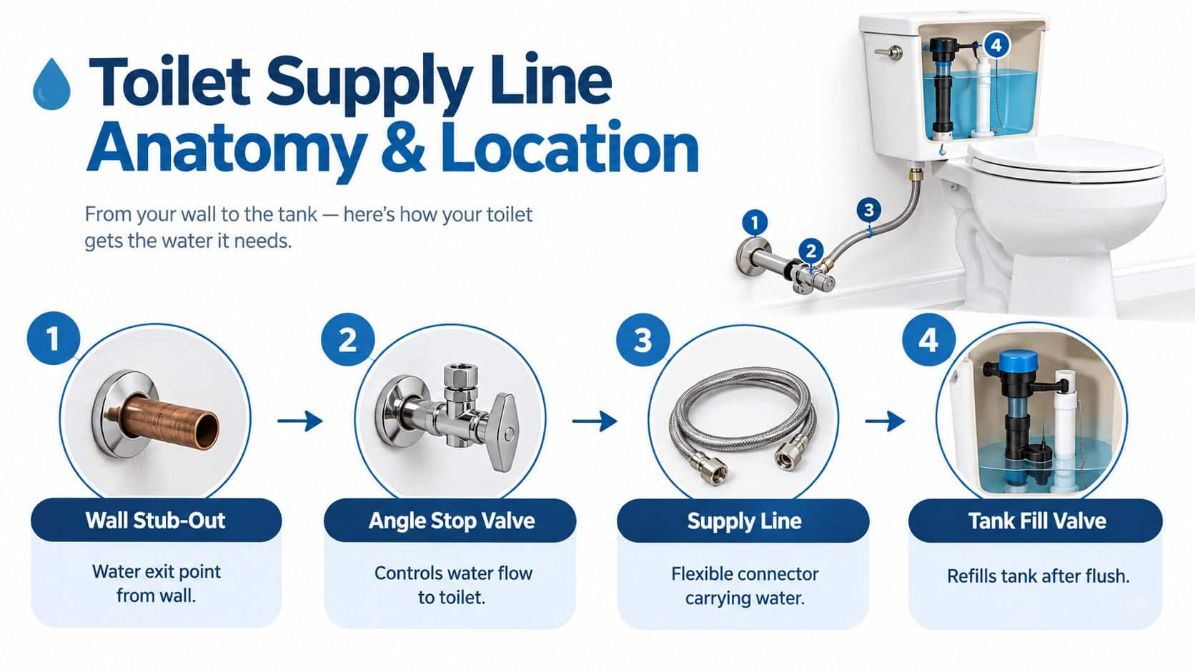 An infographic showing the four components of a toilet water supply system, including wall stub-out and fill valve.