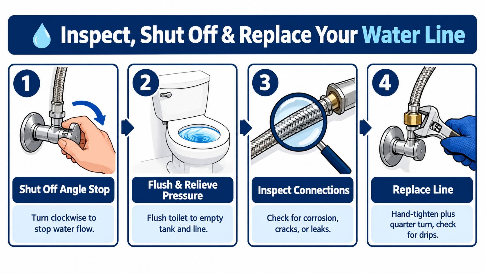 An infographic showing four steps to inspect, shut off, and replace a residential toilet water supply line.