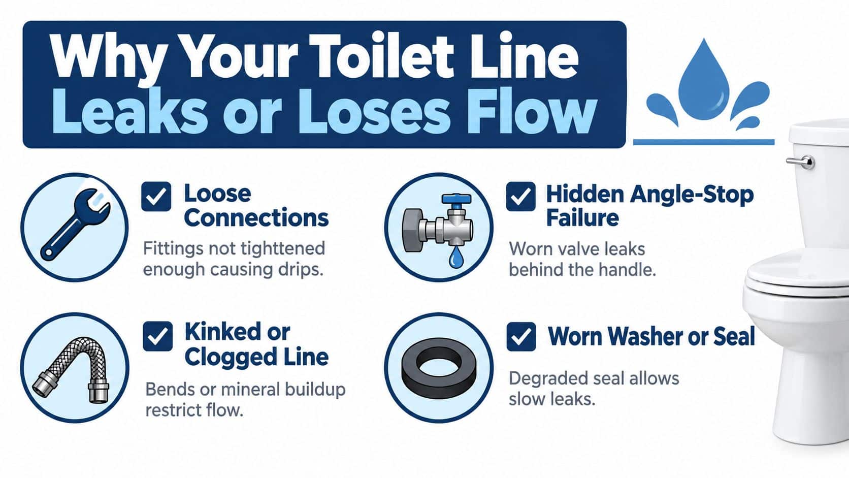 An infographic showing four common reasons why toilet water supply lines leak or experience restricted water flow.