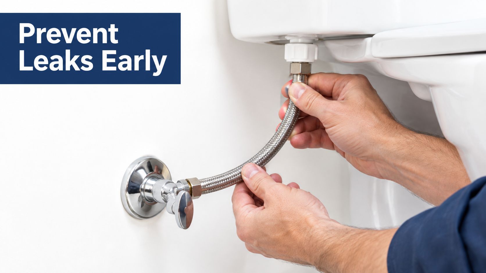A plumber installing a flexible water supply line to a toilet tank to prevent future water leaks.