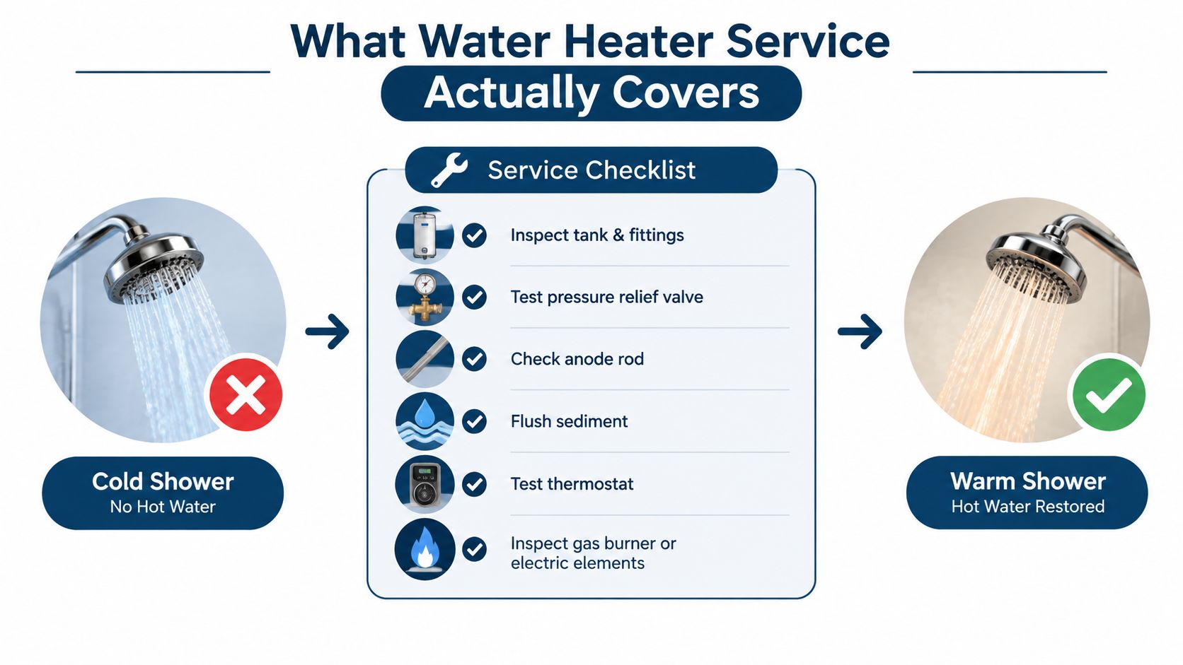 A service checklist showing steps taken by professionals to restore hot water in a home water heater.