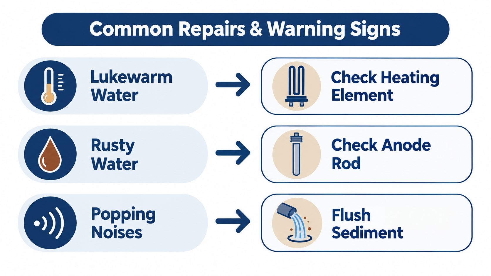 An infographic illustrating common water heater warning signs and their corresponding repair solutions for maintenance.