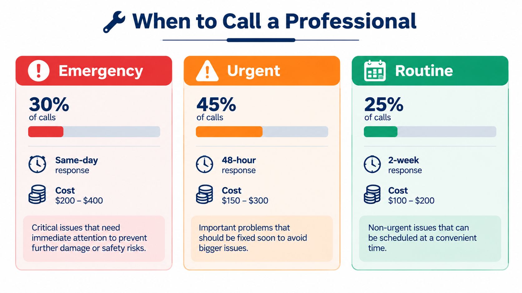 An infographic titled When to Call a Professional, categorizing service calls into emergency, urgent, and routine segments.