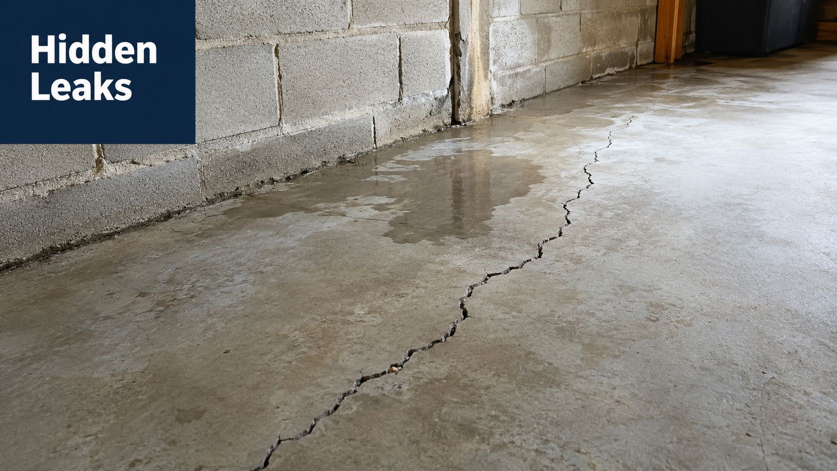 A concrete floor with a large crack showing signs of water seepage and moisture damage indoors.