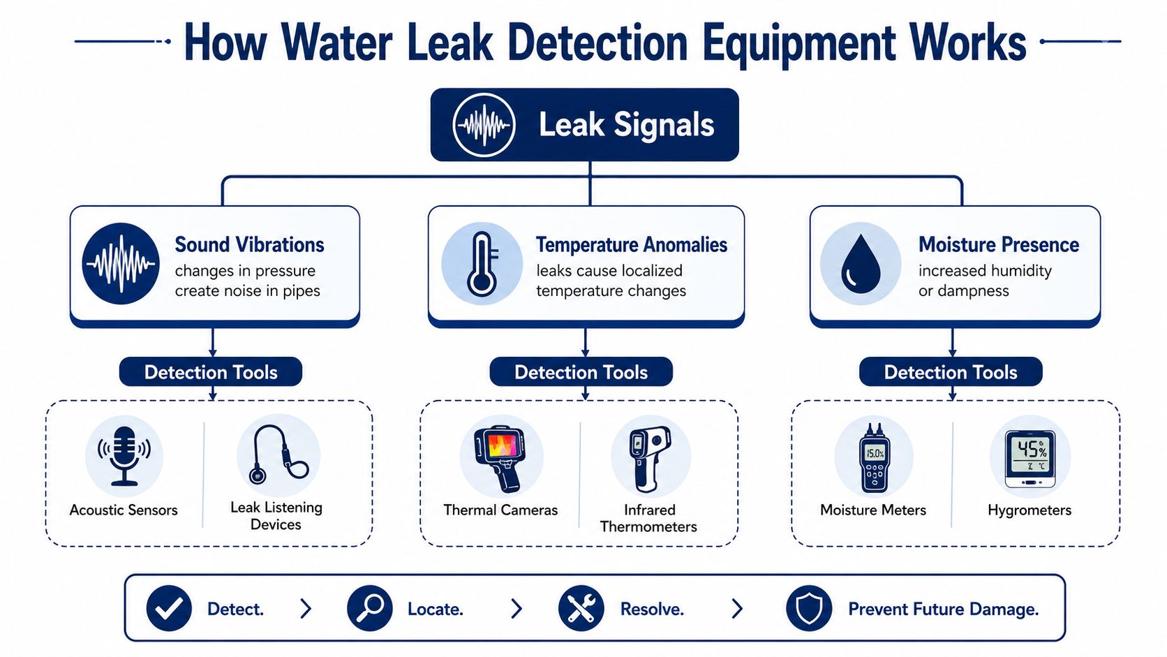 An infographic showing how water leak detection equipment works by identifying sound vibrations, temperature anomalies, and moisture presence.
