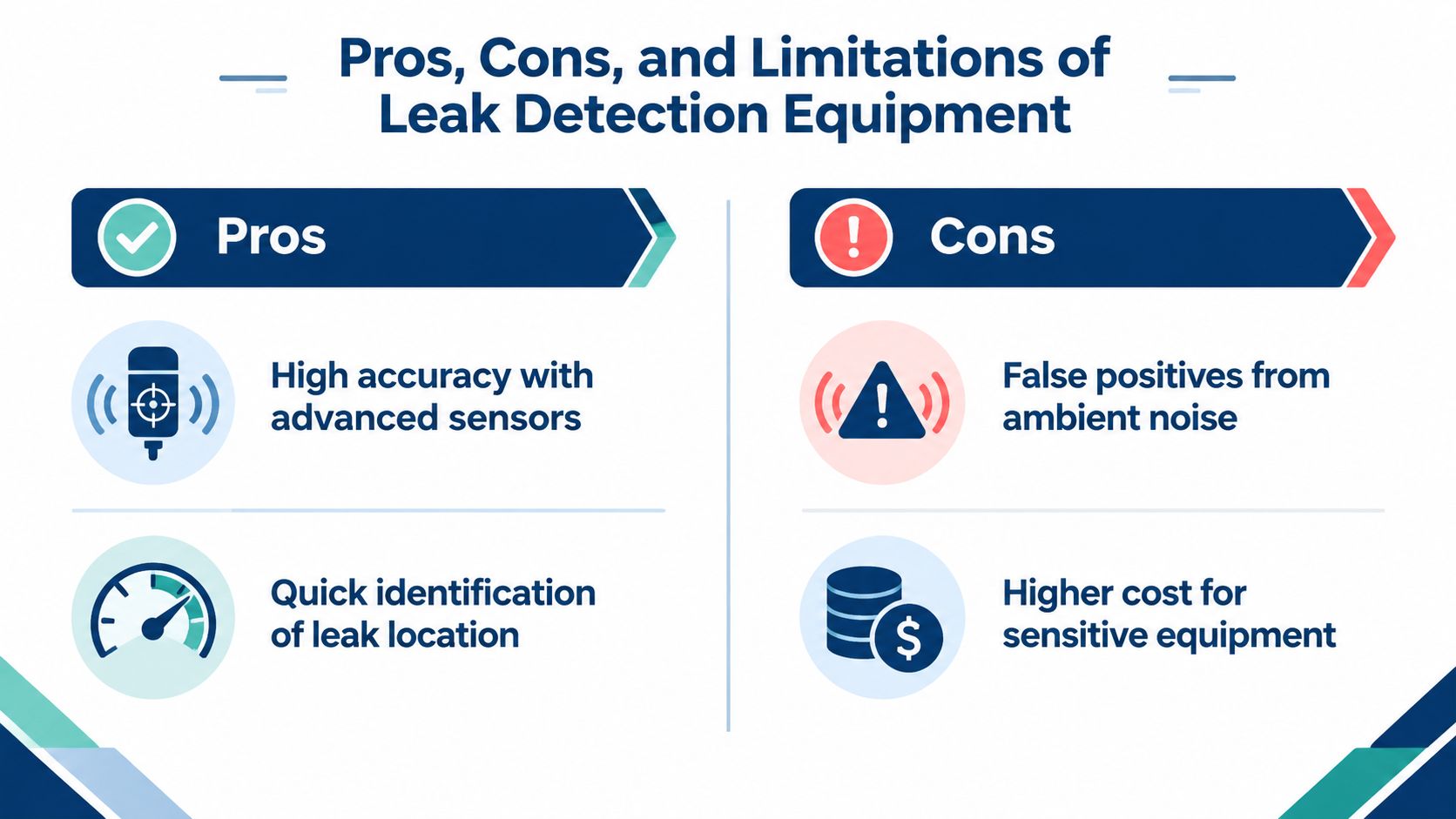 A graphic table highlighting the pros and cons of professional water leak detection equipment for maintenance.