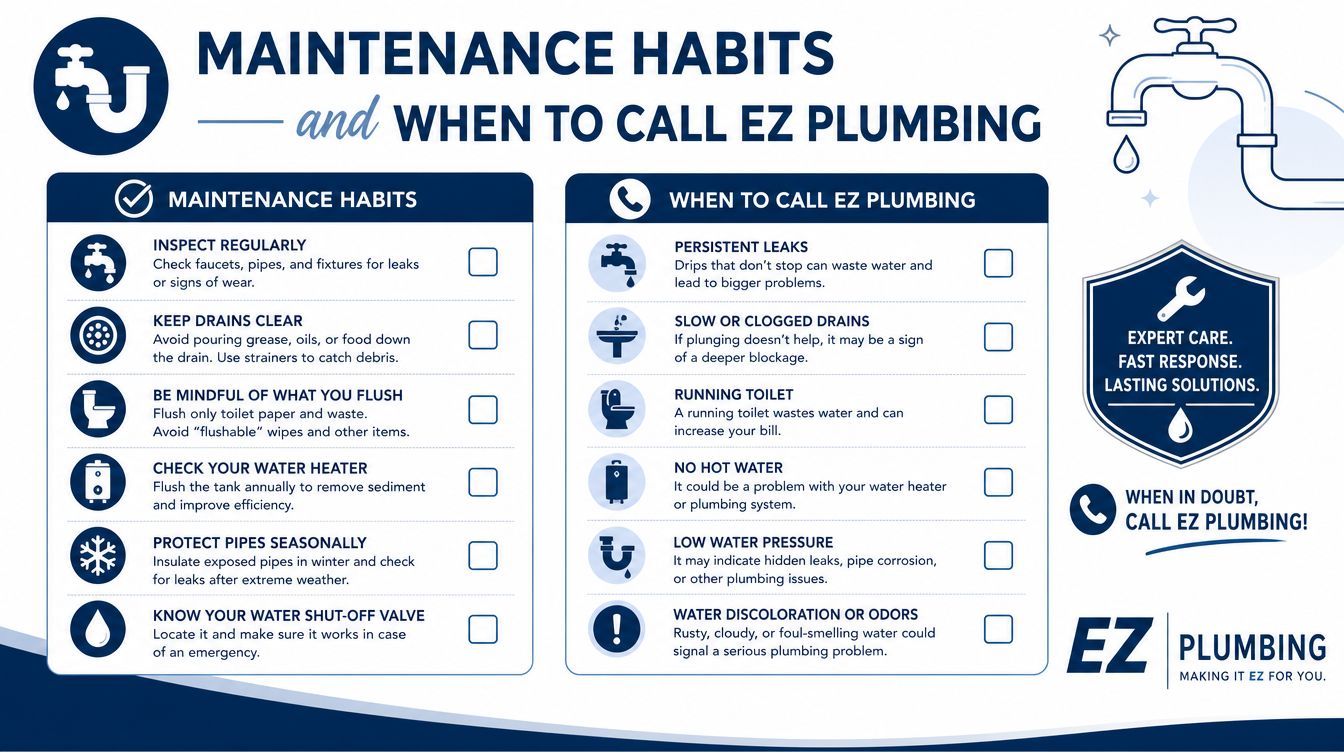 An infographic titled Maintenance Habits and When to Call EZ Plumbing, offering home plumbing maintenance and service advice.