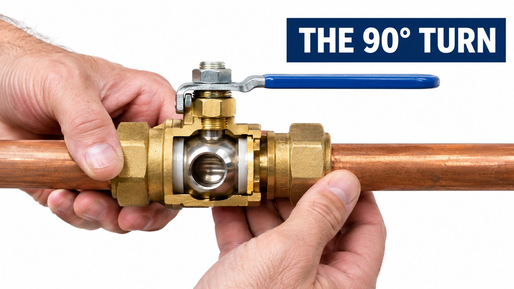 A pair of hands holding a brass ball valve with a blue lever on a copper pipe.