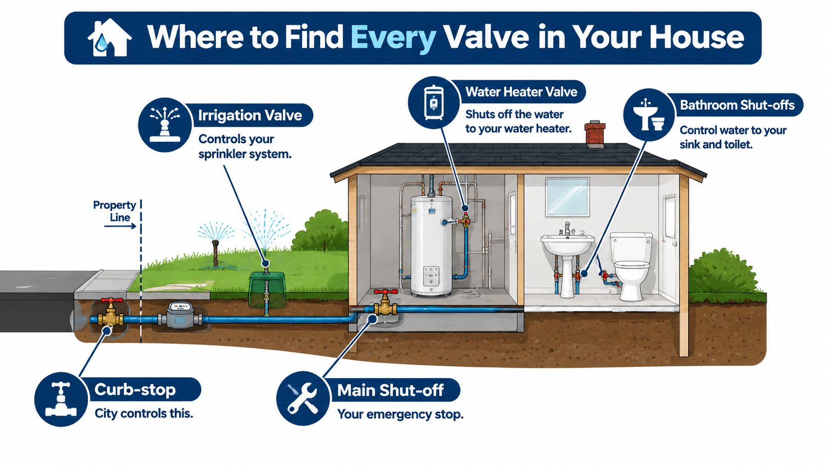 A diagram illustrating the locations of various household water valves including the main shut-off and local fixtures.