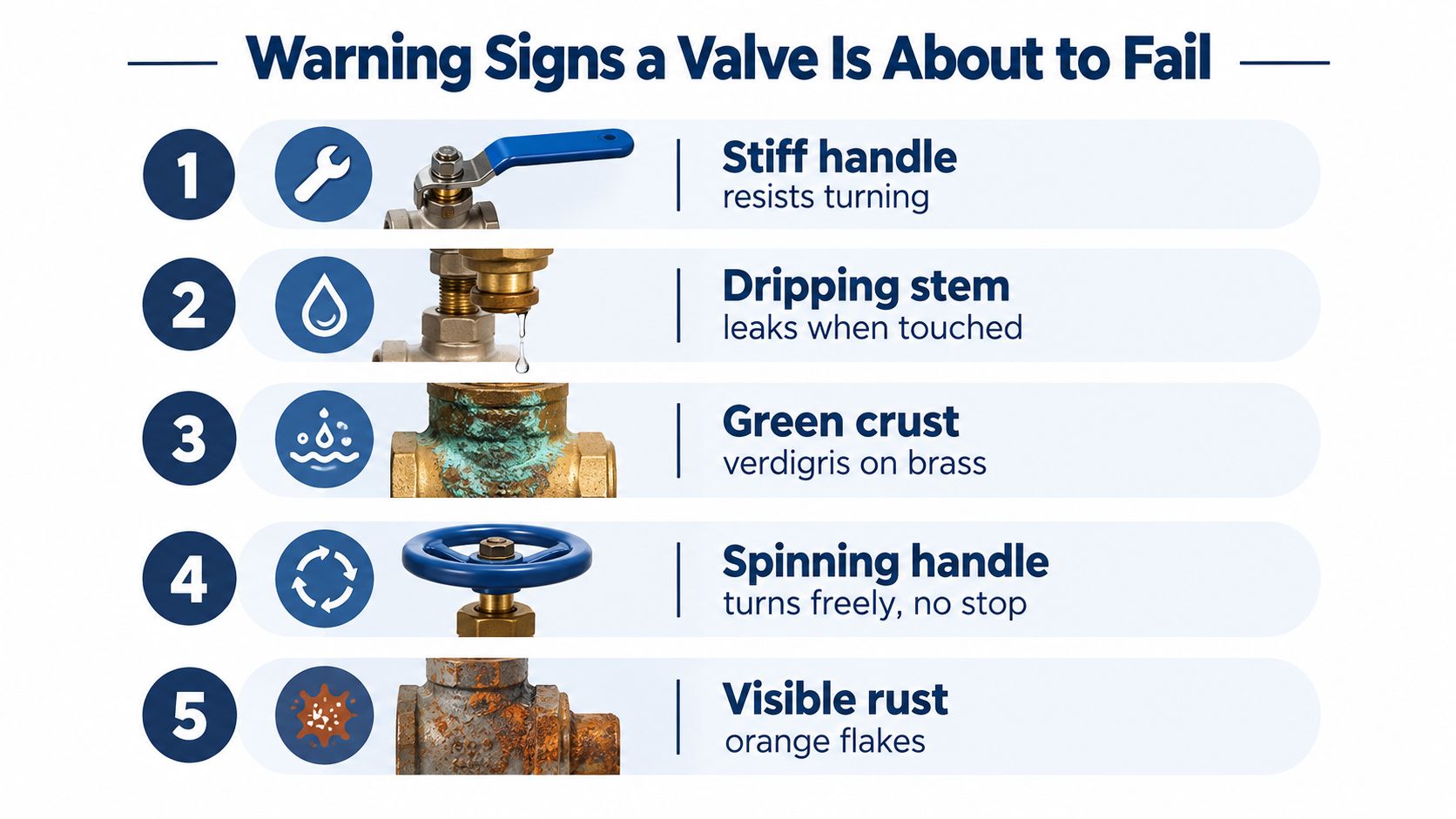 An infographic detailing five warning signs that a water shut-off valve is failing and needs repair.