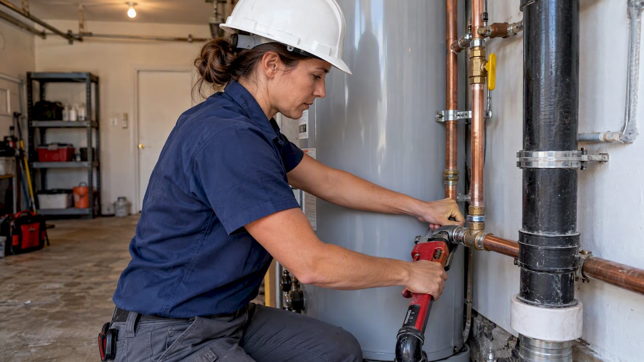Plumber connecting residential water heater piping